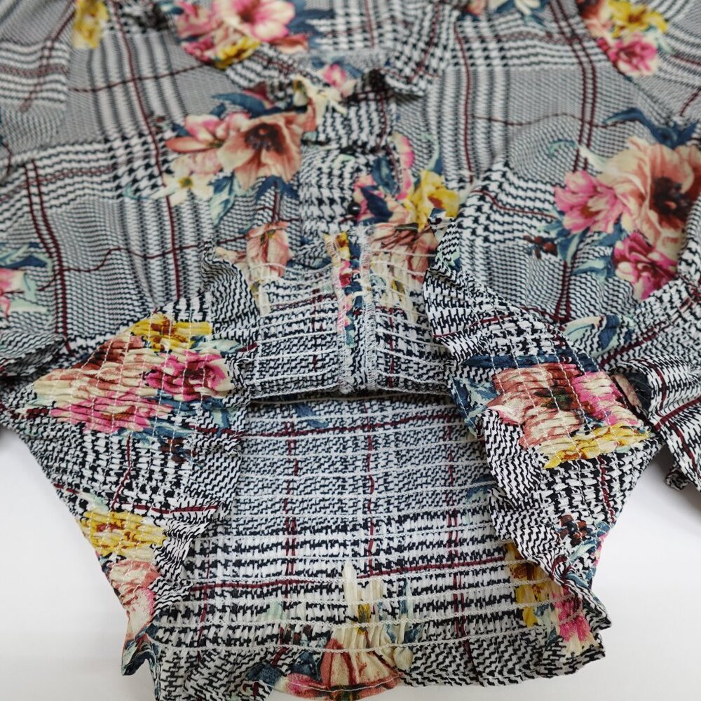 Haute Monde Floral Ruffle Trim Black White Houndstooth Printed Top Size Large - Picture 9 of 9